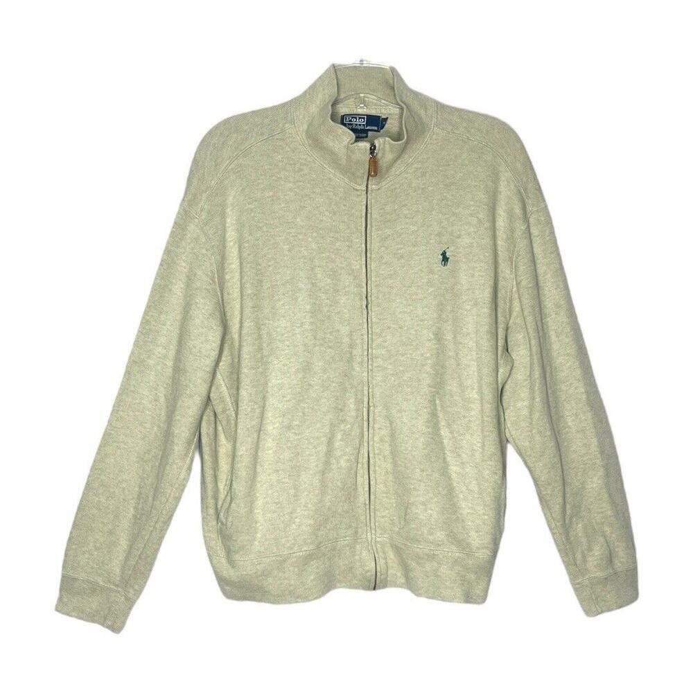 Polo Ralph Lauren Sweater Mens XL Jacket Beige Full Zip Green Pony Casual Preppy